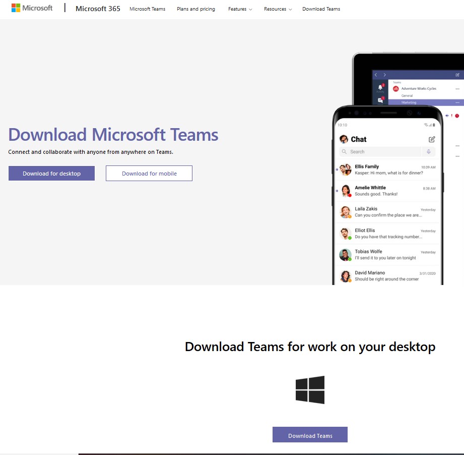 An image of homepage of the Microsoft Teams Application Download website.
