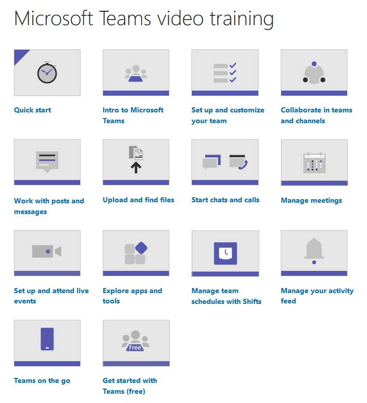 An image of homepage of the Microsoft Teams Video Training website.