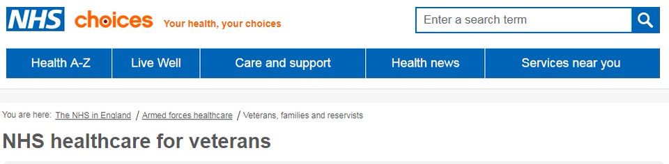 Image of the NHS Veterans webpage concerning healthcare.