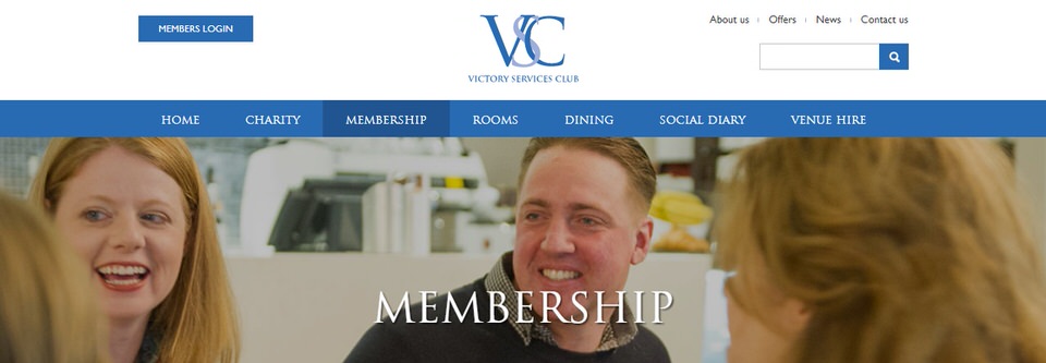 Splash screen of the Victory Services Club London Membership webpage