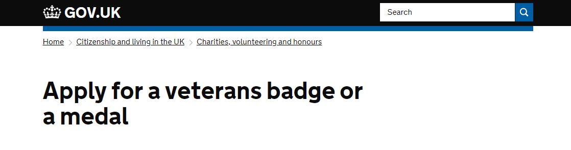 External link to the Government website relative to applying for replacement medals or veteran badges